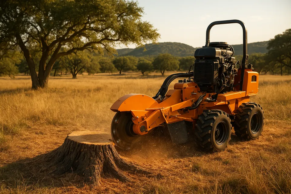 Stump grinder at work in a Texas Hill Country field with live oak trees and rolling hills