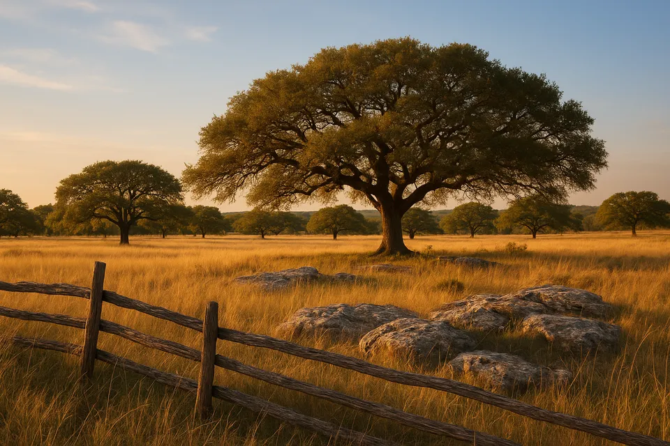 Live oak trees and golden grass on a Texas Hill Country ranch