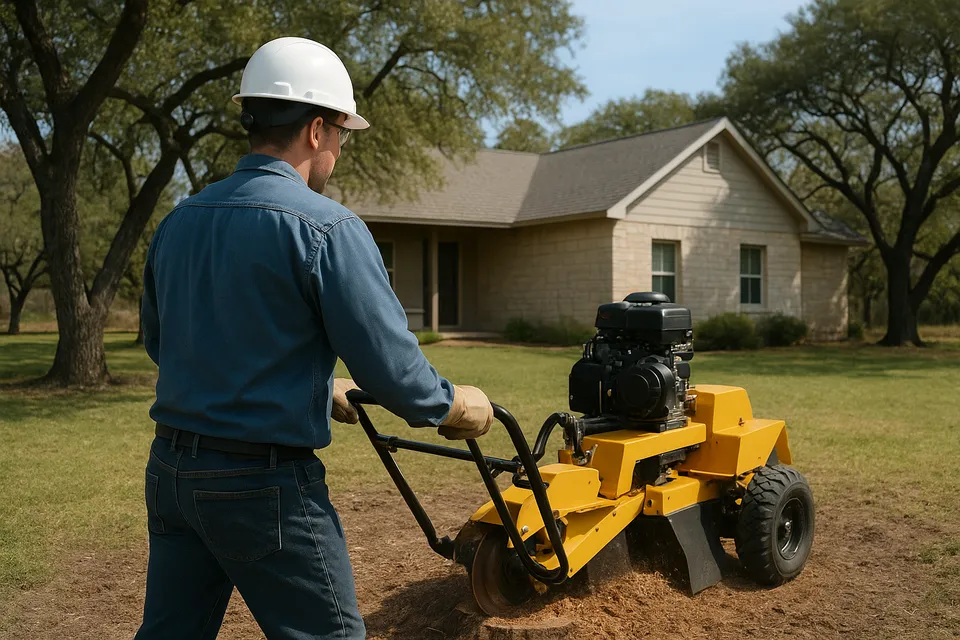 Professional operator running a stump grinder at a residential property in the Hill Country